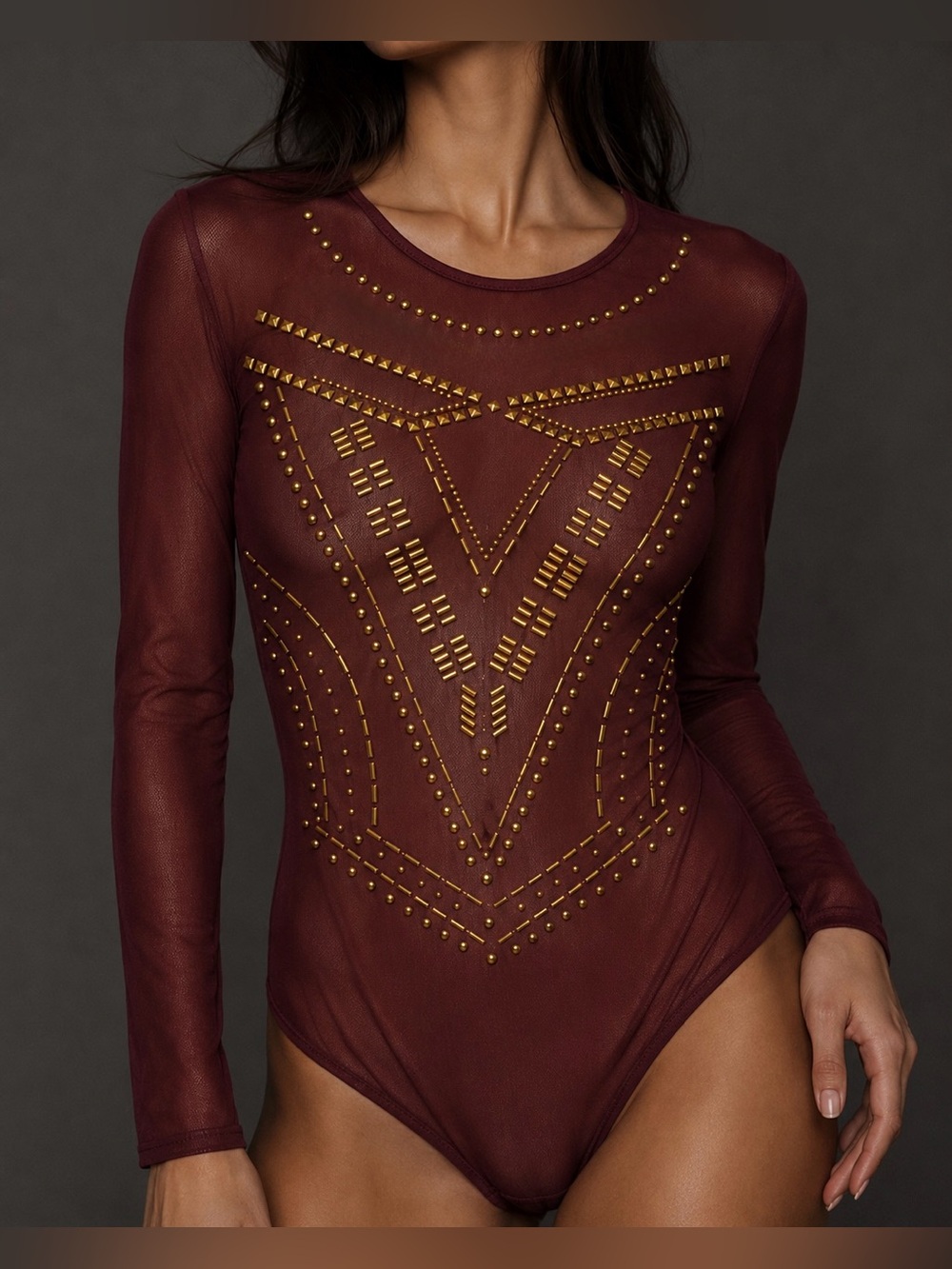 Love University Burgundy Long Sleeve Sheer Mesh Studded Bodysuit Top Size M